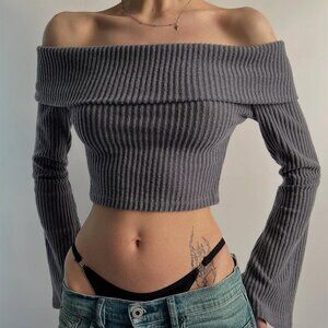 Chic Y2K Ribbed Knit Off-the-Shoulder Long Sleeve Crop Top /Gray
